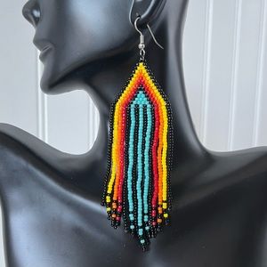 Multicolored seed bead fringe dangle earrings